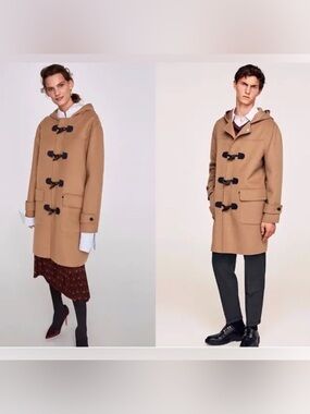 ZARA Camel Brown Wool Duffle Coat Hooded Toggle Jacket Academia Preppy